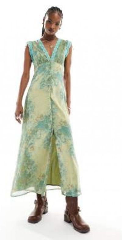 knee length dresses for ladies Kaliza Scarf-Print Midi Dress in Light Green Pistachio Multi main image 0