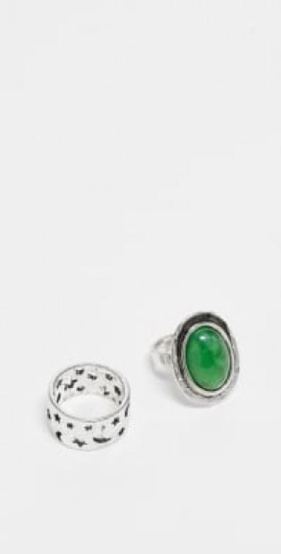 Reclaimed Vintage Reclaimed Vintage unisex ring 2 pack with faux green stone in silver