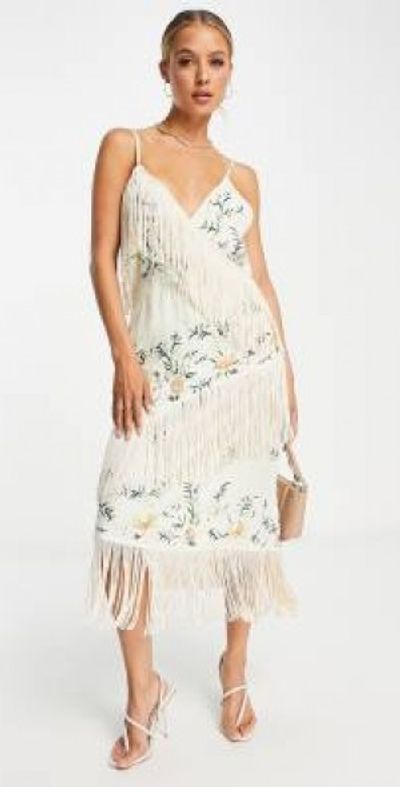 River Island - embroidered fringe wrap midi dress in cream-White