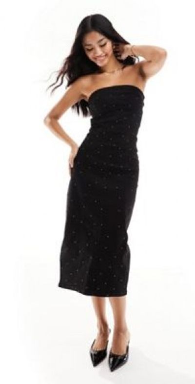 River Island - studded bandeau denim midi dress in black