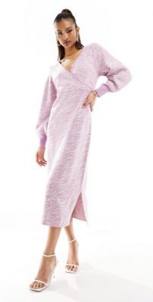 Pink Flowy Wrap Midi Dress Women's Casual Wrap V Neck Midi Dress