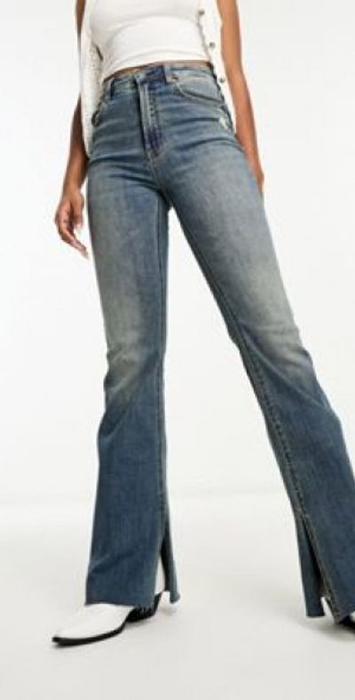 Stradivarius flare jean with split in dark vintage wash-Blue