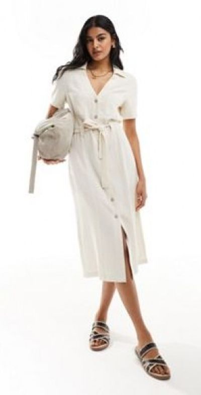 Stradivarius - linen look midi shirt dress in natural-Neutral