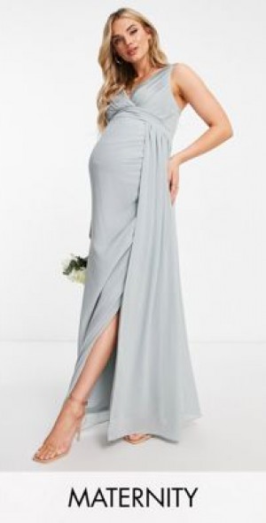 TFNC Maternity Bridesmaid plunge front maxi dress in sage green