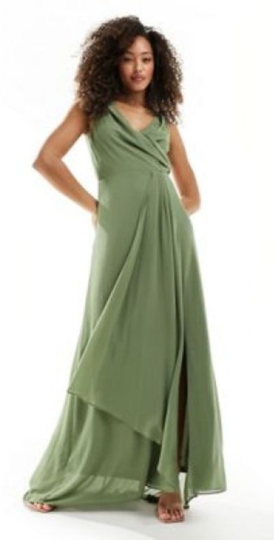 TFNC TFNC Bridesmaid chiffon maxi dress with split front in dark green