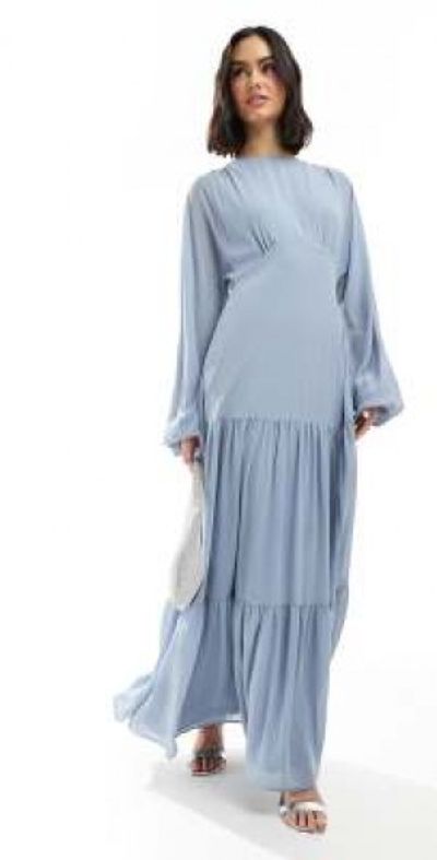 TFNC TFNC Bridesmaid chiffon maxi dress with tiered skirt in dusty blue