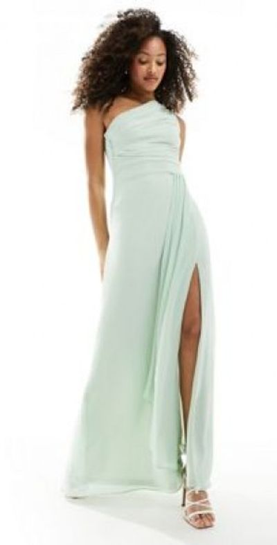 TFNC TFNC Bridesmaid chiffon one shoulder drape maxi dress in fresh mint-Green