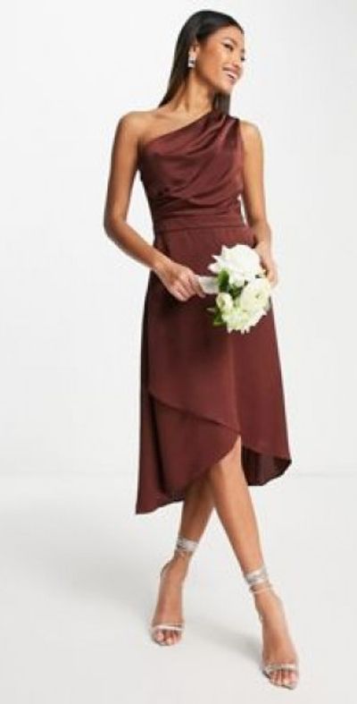 TFNC TFNC Bridesmaid one shoulder midi dress in terracotta-Brown