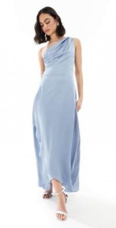 TFNC TFNC Bridesmaid one shoulder satin maxi dress with wrap skirt in dusty blue
