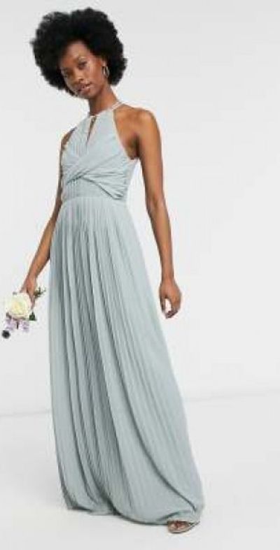 TFNC TFNC bridesmaid pleated wrap detail maxi dress in sage-Green