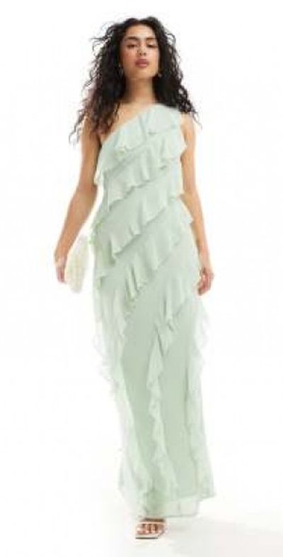 TFNC TFNC Bridesmaids chiffon one shoulder maxi dress with frills in fresh mint-Green