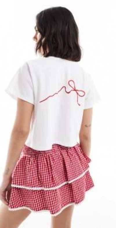 The Frolic The Frolic Exclusive bow embroidered cropped T-shirt in white - part of a set