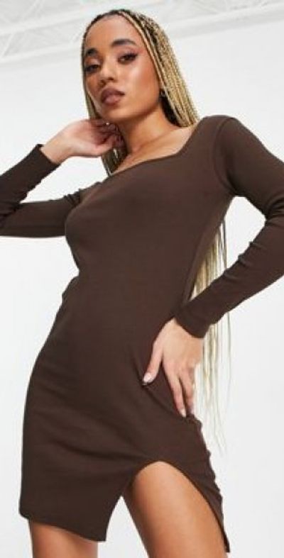 Threadbare Threadbare Aria ribbed mini dress with side slit in chocolate brown