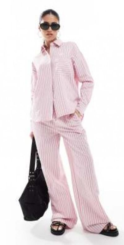 Threadbare Threadbare drawstring straight leg pants in pink stripe - part of a set