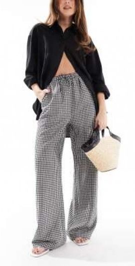 Threadbare Threadbare gingham tie waist wide leg pants in black and white