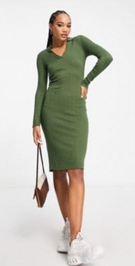 Threadbare Threadbare Thyme v neck collar midi sweater dress in green