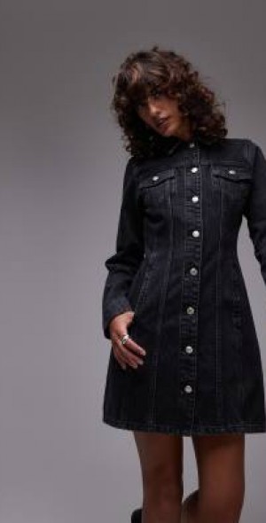 Topshop button through long sleeve mini dress in washed black