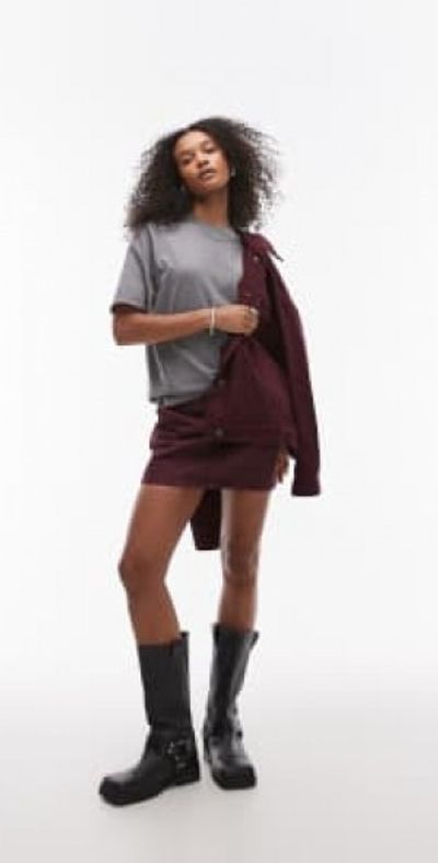 Topshop denim micro pelmet skirt in burgundy-Red