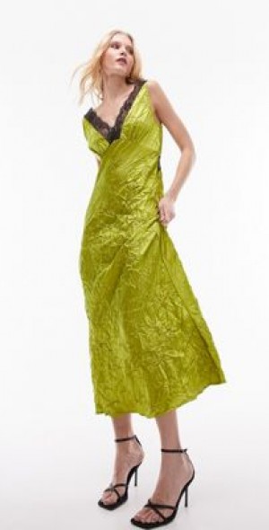 Topshop lace insert midi slip dress in chartreuse-Green