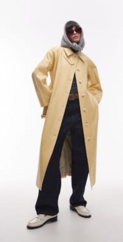 Topshop long oversized faux leather trench coat in buttermilk-Yellow