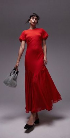 Topshop puff sleeve volume hem maxi dress in red