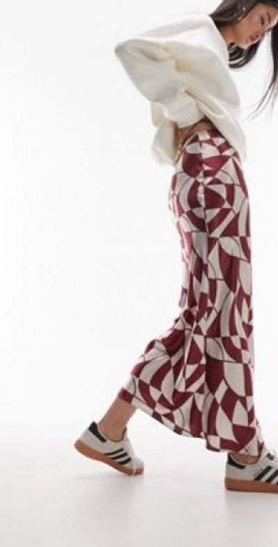 Topshop satin bias maxi skirt in red geo print-Multi
