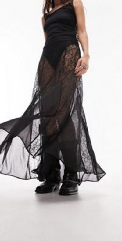 Topshop sheer lace chiffon godet maxi skirt in black
