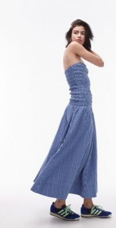 Topshop - shirring check bandeau maxi dress in blue