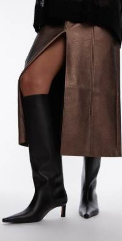 Topshop Taz premium leather knee high heeled boots in black