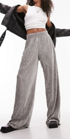 Topshop velvet plisse pull on wide leg pants in silver