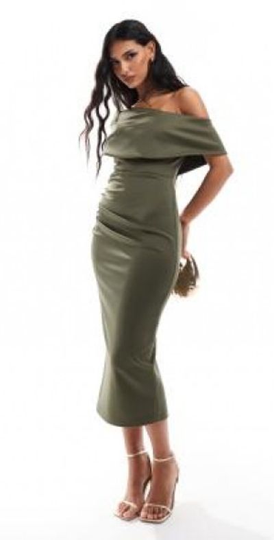 True Violet - drape shoulder midaxi dress in olive-Green True Violet - drape shoulder midaxi dress in olive-Green