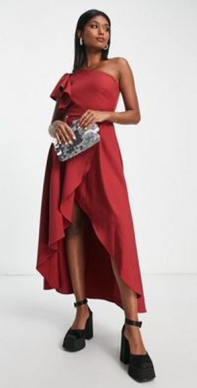 true violet one shoulder dress True Violet Frill One Shoulder High Low Prom Maxi Dress in Red