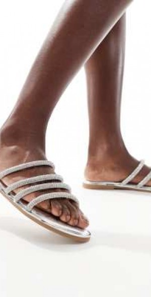 Truffle Collection - bridal embellished multi strap mules in silver