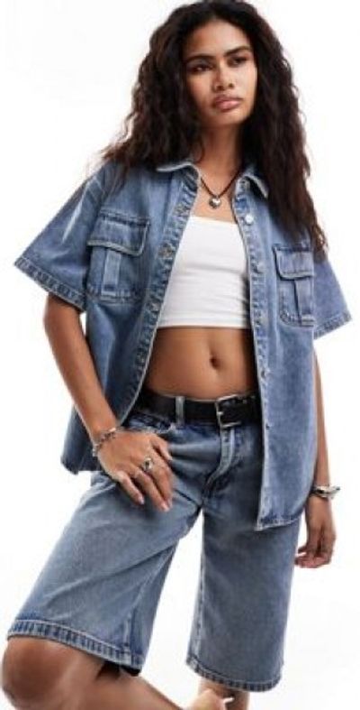 Urban Revivo oversized denim shirt in blue