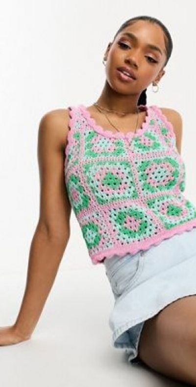 Vero Moda crochet patchwork tank top in green and pink-Multi