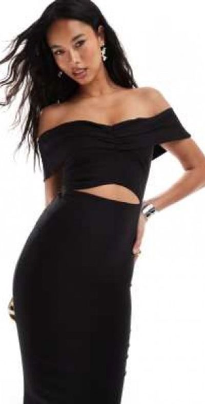 Vesper - bardot foldover cut-out detail midaxi dress in black