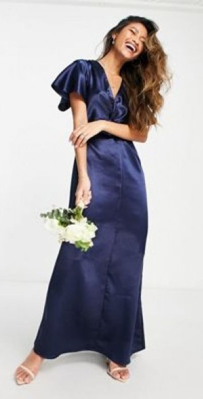 Vila - Bridesmaid satin flutter sleeve maxi dress in navy