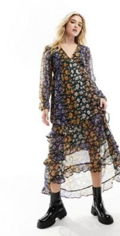 Wednesday's Girl ditsy floral tiered midi smock dress in multi