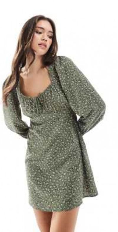 Wednesday's Girl Wednesday's Girl floral spot print long sleeve mini dress in green-Gold