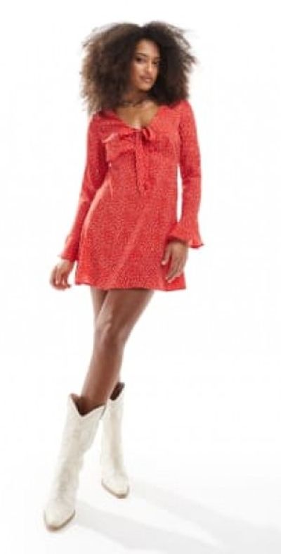 Wednesday's Girl Wednesday's Girl micro dot flared sleeve mini dress in red