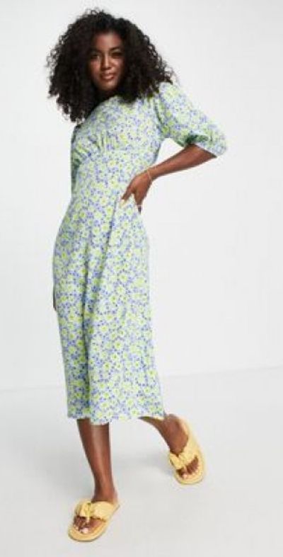 Wednesday's Girl Wednesday's Girl midi shift dress in blue/yellow floral
