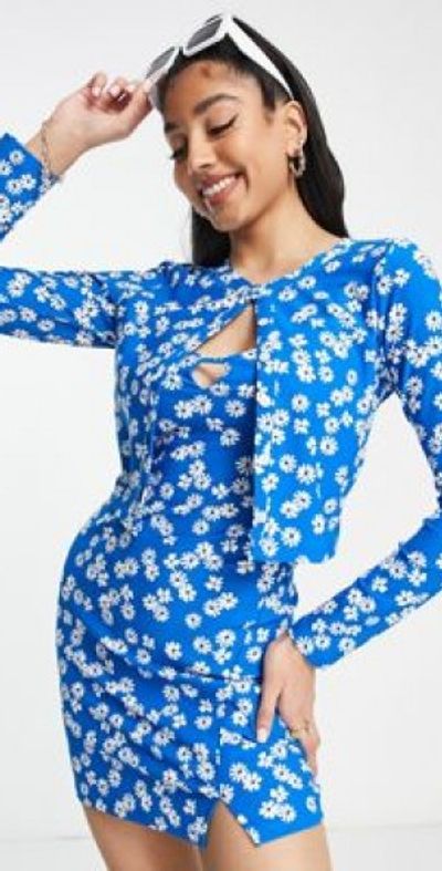 Wednesday's Girl Wednesday's Girl mini cami slip dress with cropped cardigan set in blue floral-Multi