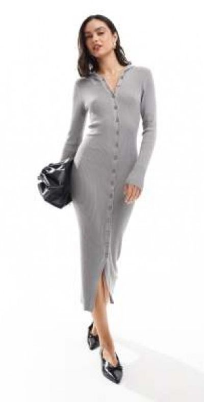 Wednesday's Girl Wednesday's Girl ribbed knit button through midaxi dress in light gray