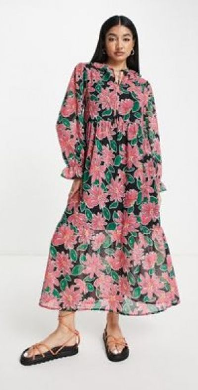 Wednesday's Girl Wednesday's Girl ruffle neck midi smock dress in bright floral-Multi