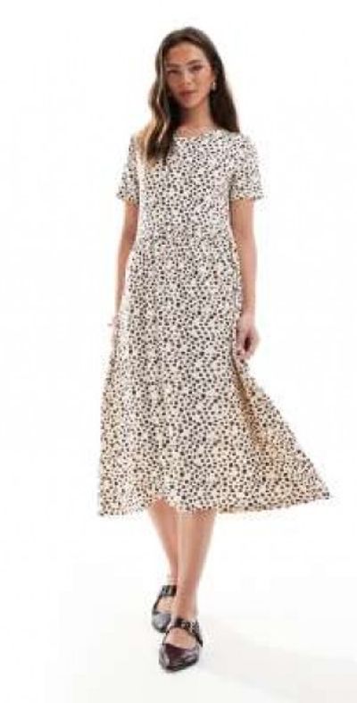 Wednesday's Girl Wednesday's Girl short sleeve smudge polka dot midi dress in cream and black-White