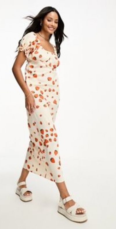 Wednesday's Girl strawberry print milkmaid midaxi dress in cream