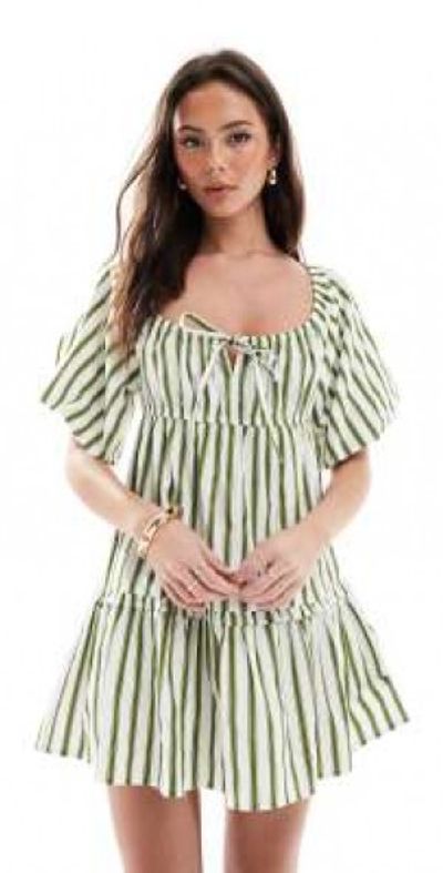 Wednesday's Girl Wednesday's Girl striped mini smock dress in green and white