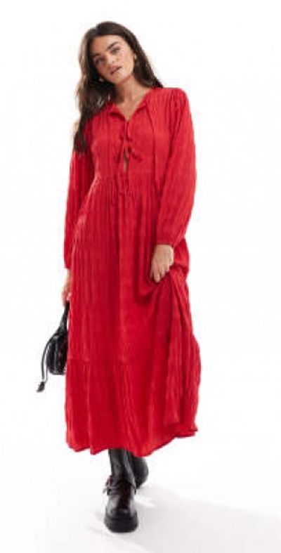 Wednesday's Girl Wednesday's Girl textured tie-detail smock midaxi dress in red