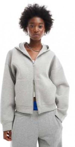Weekday - Scarlet oversized scuba zip up hoodie in gray melange