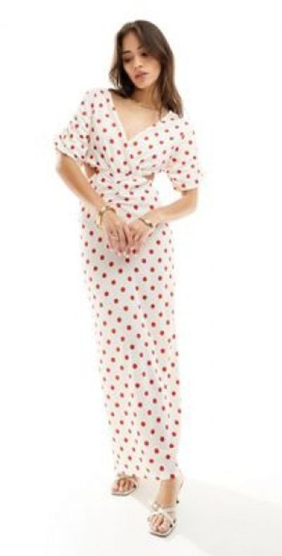 Y.A.S - cut out side maxi dress with puff sleeve in white and red polka dot -Multi
